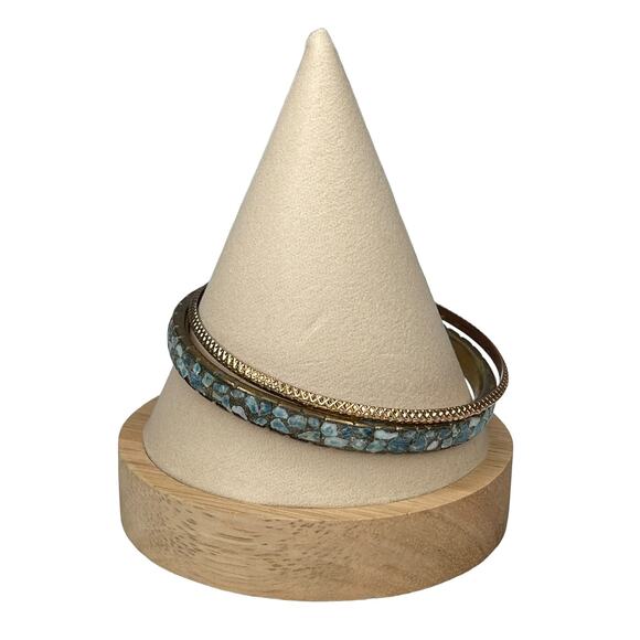 Vintage Brass & Turquoise Chip Bracelet Bangle Set Brass Bracelet Made In India - Picture 5 of 8